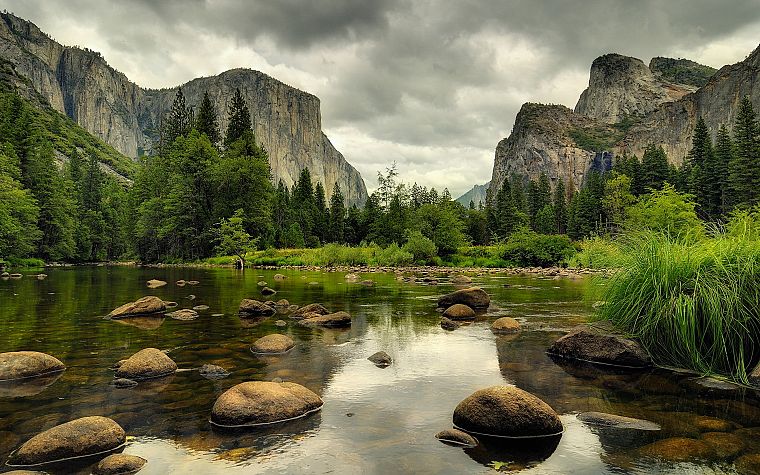 mountains, clouds, landscapes, nature, trees, forests, rocks, reflections - desktop wallpaper