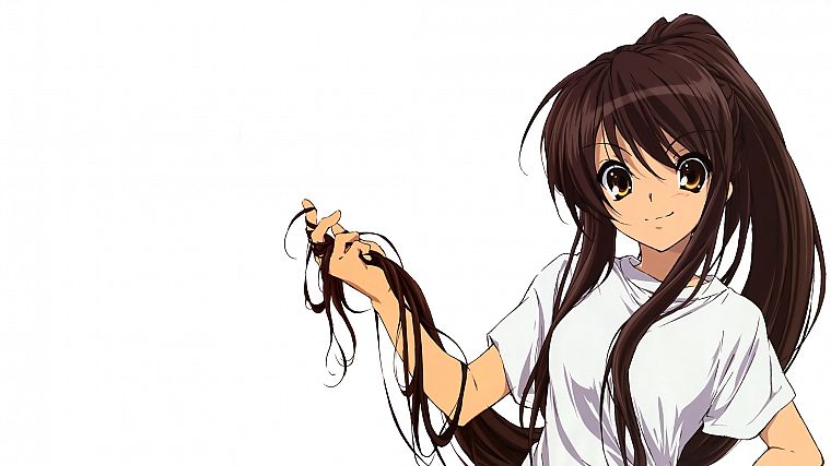 brunettes, women, The Melancholy of Haruhi Suzumiya, anime, simple background, white background - desktop wallpaper