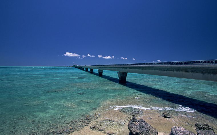 water, skylines, rocks, bridges, okinawa, blue skies, sea, beaches - desktop wallpaper