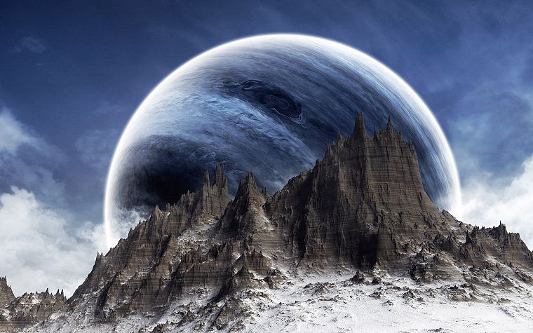 blue, mountains, clouds, snow, planets, science fiction - desktop wallpaper