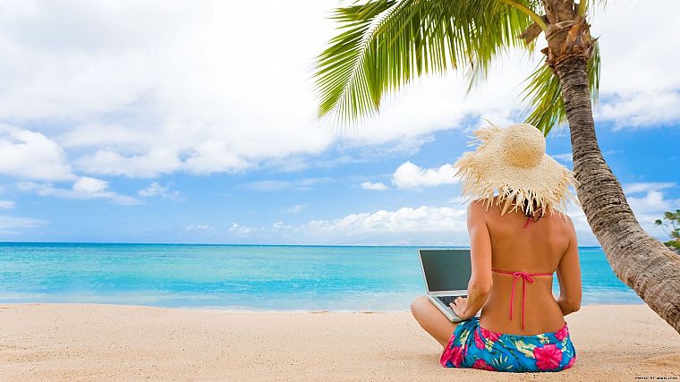 women, computers, hats, beaches - desktop wallpaper