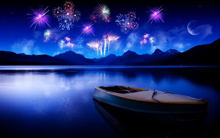 fireworks, ships, vehicles, lakes, photo manipulation - desktop wallpaper
