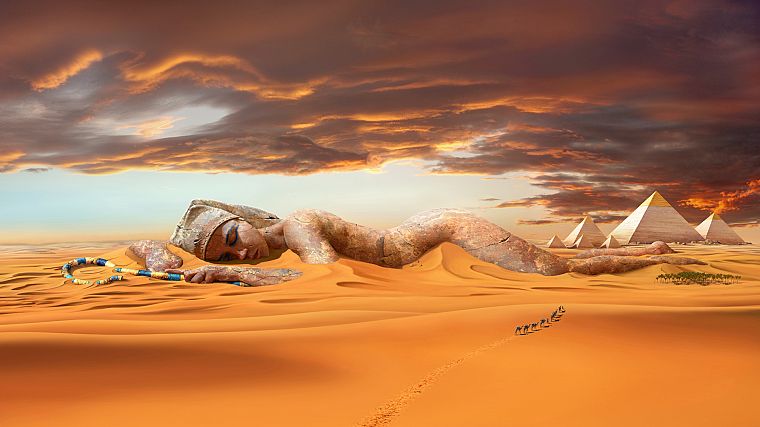 deserts, camels, Egyptian, digital art, pyramids - desktop wallpaper
