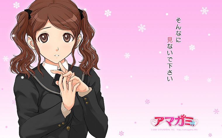 brunettes, text, school uniforms, schoolgirls, long hair, brown eyes, Amagami SS, twintails, snowflakes, blush, bows, Nakata Sae, simple background, anime girls, faces, sailor uniforms, hair ornaments, pink background, bangs, wavy hair, gradient backgroun - desktop wallpaper