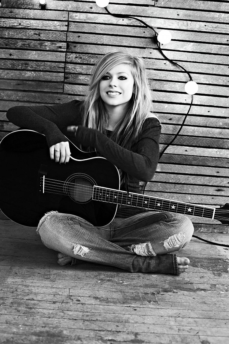 women, Avril Lavigne, guitars, monochrome, greyscale - desktop wallpaper