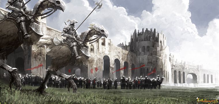 clouds, castles, birds, knights, armor, Chocobo, riding, Chocobo Knight - desktop wallpaper