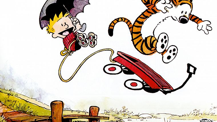 jumping, Calvin and Hobbes, rollerskates, umbrellas, ropes - desktop wallpaper