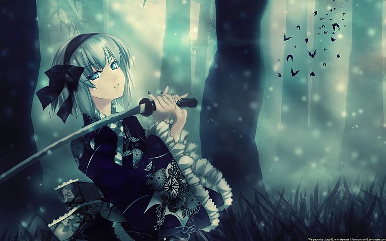 women, blue eyes, katana, weapons, anime, white hair, swords, dark lady, fur cap - desktop wallpaper