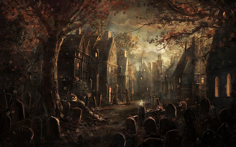 autumn, Halloween, houses, tombstones, nighttime, cemetery, Radojavor - desktop wallpaper