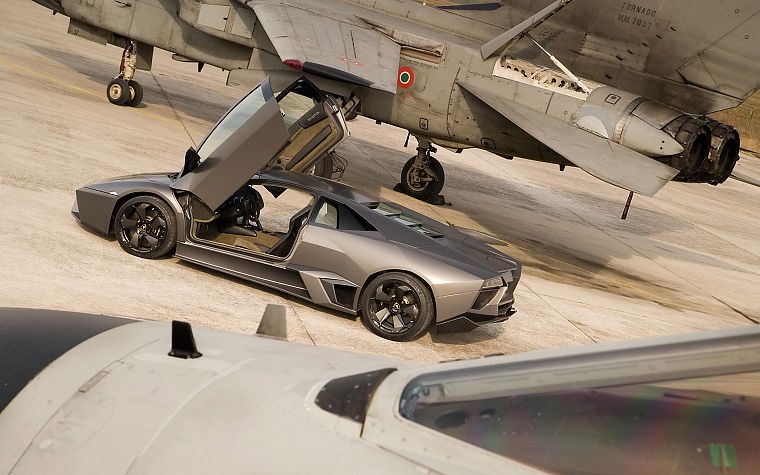 cars, Lamborghini, vehicles, jet aircraft, Lamborghini Reventon, side view, open doors, fighter jets - desktop wallpaper