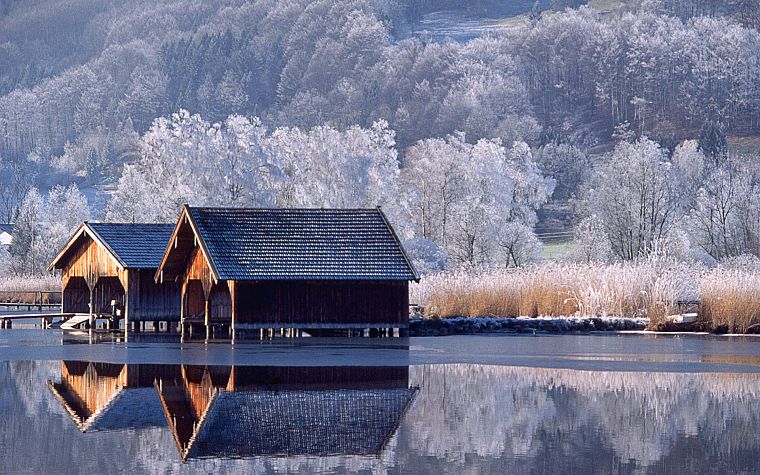 winter, snow, trees, houses, lakes, reflections - desktop wallpaper