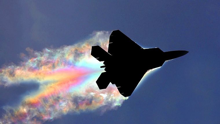 aircraft, military, rainbows, F-22 Raptor, planes, contrails - desktop wallpaper