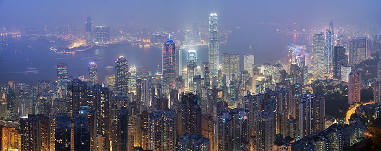 night, fog, Hong Kong, cities - desktop wallpaper