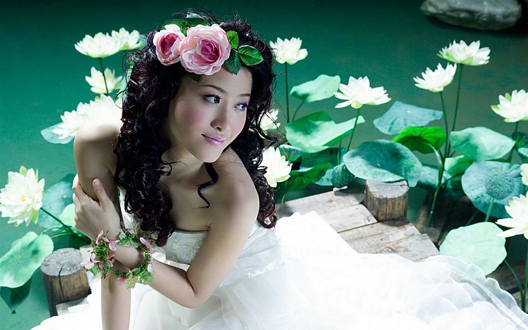 women, water, brides, Asians, lotus flower, flower in hair - desktop wallpaper
