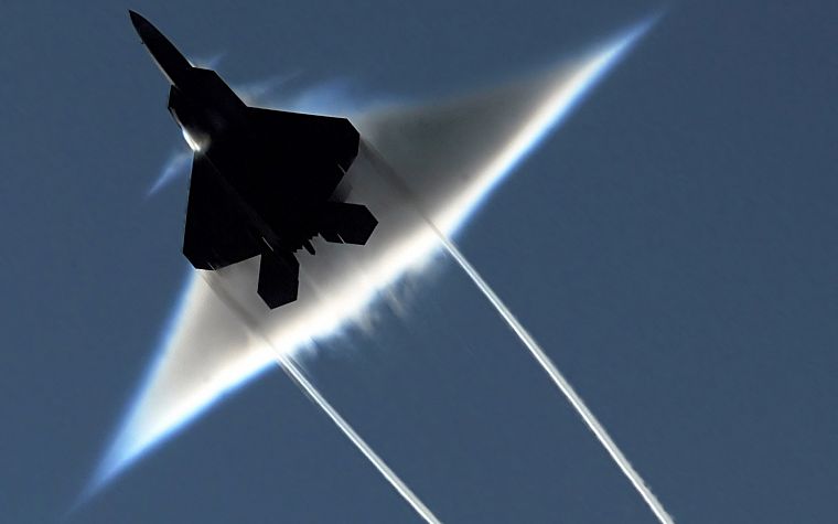 aircraft, military, F-22 Raptor, contrails, Braking Sound Barrier - desktop wallpaper