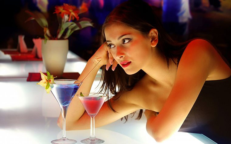 brunettes, women, bar, cocktail, leaning on elbows - desktop wallpaper