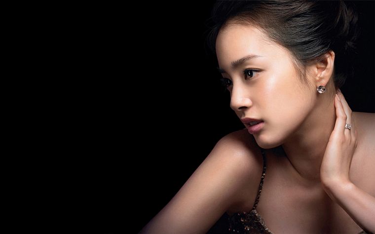 women, Asians, simple background, black background, hands on neck, Taehee Kim - desktop wallpaper