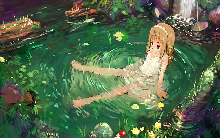 leaves, ponds, artwork, anime girls - desktop wallpaper