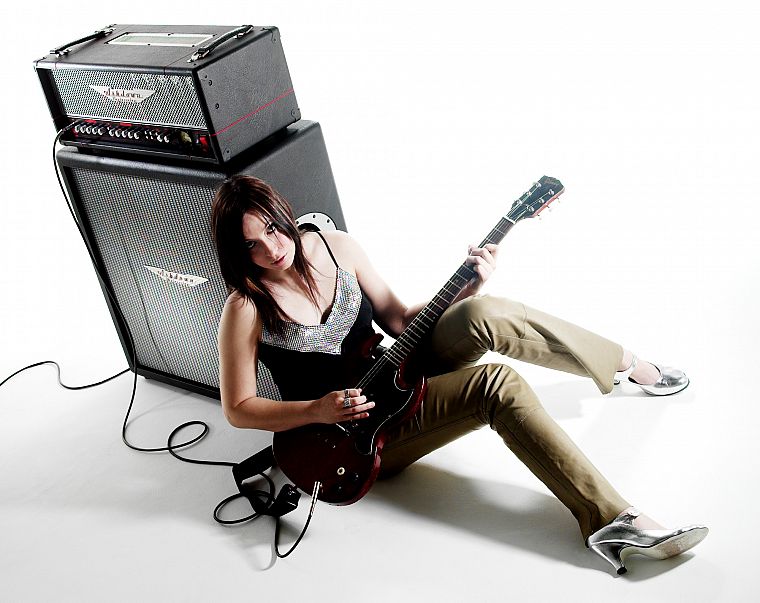 brunettes, women, guitars, amplifiers - desktop wallpaper