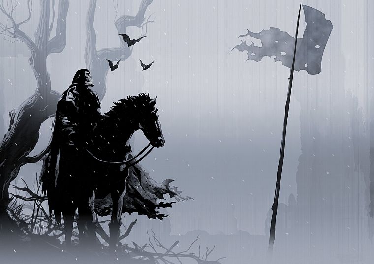 skulls, flags, horses, digital art, warriors - desktop wallpaper