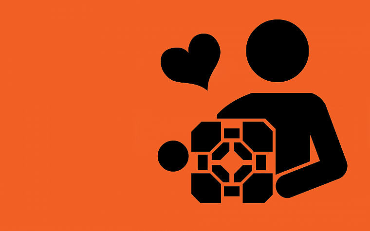 Portal, cubes, hearts, stick figures, simple background - desktop wallpaper