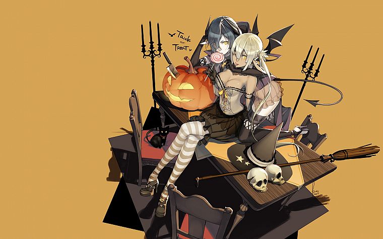 tails, skulls, wings, stockings, Black Cat, Halloween, sweets (candies), corset, tables, brooms, chairs, candies, candles, hats, anime girls, pumpkins, witches, Trick 'r Treat, striped legwear - desktop wallpaper
