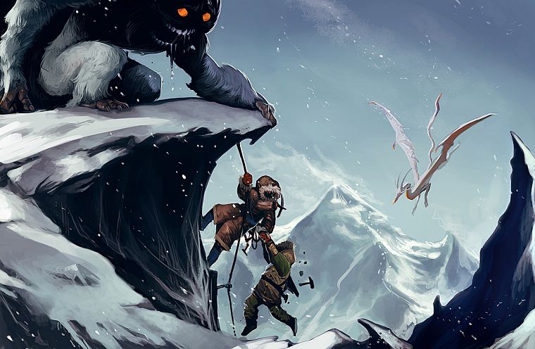 climbing, mountains, snow, monsters, fantasy art, artwork, adventure - desktop wallpaper