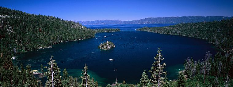 mountains, landscapes, forests, islands, boats, vehicles, multiscreen, Lake Tahoe, emerald bay - desktop wallpaper