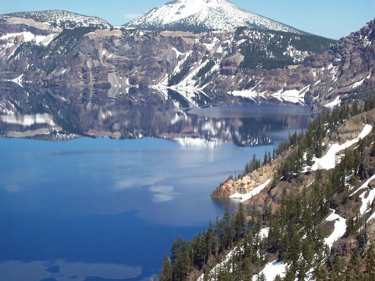 mountains, landscapes, snow, lakes, crater lake - desktop wallpaper