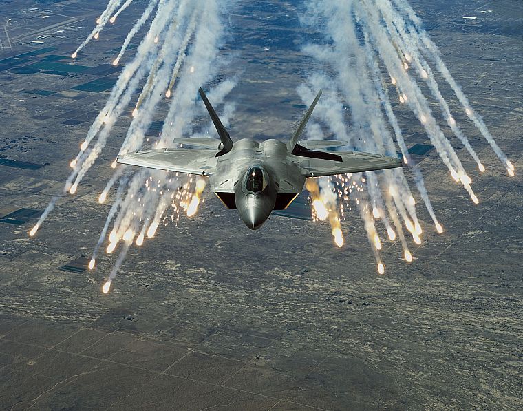aircraft, military, F-22 Raptor, planes, vehicles, flares - desktop wallpaper