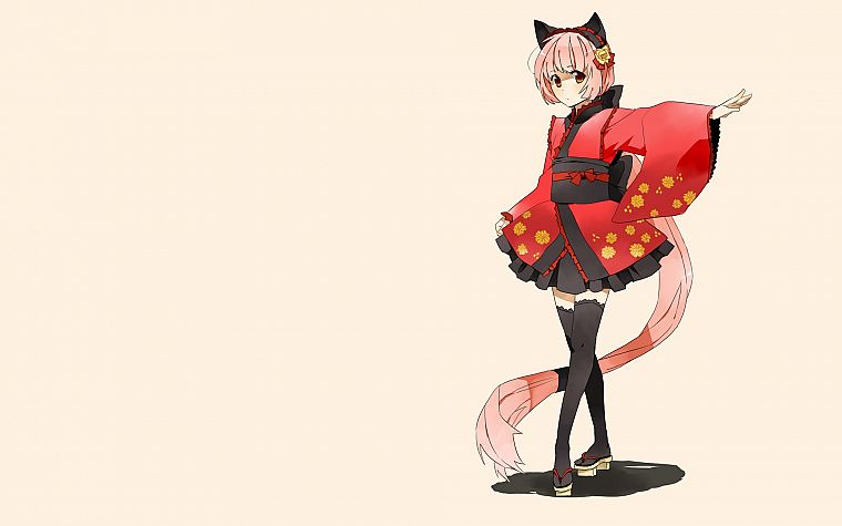 Vocaloid, dress, long hair, nekomimi, pink hair, animal ears, Japanese clothes, simple background, anime girls, Nekomura Iroha - desktop wallpaper