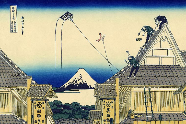 paintings, Japanese, kite, rooftops, traditional art, Katsushika Hokusai, Thirty-six Views of Mount Fuji - desktop wallpaper