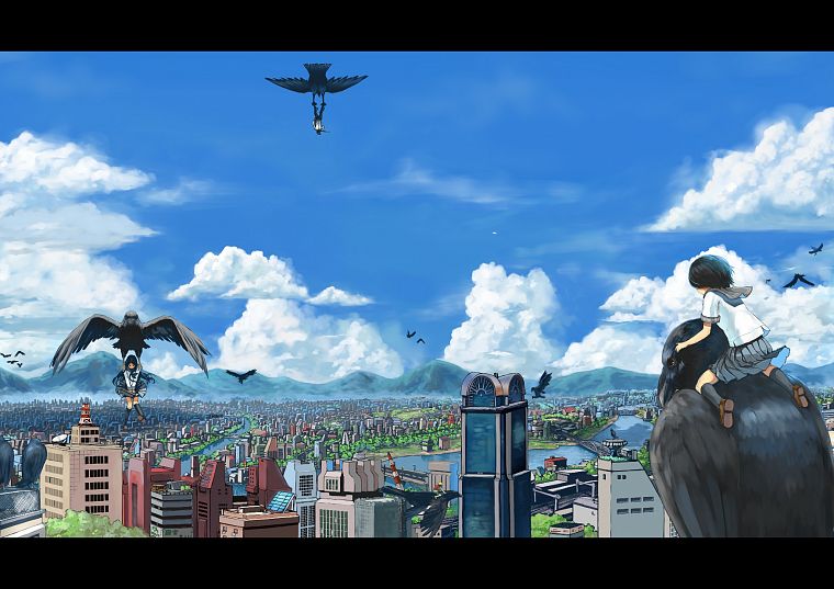clouds, wings, cityscapes, birds, skirts, seifuku, skyscapes - desktop wallpaper