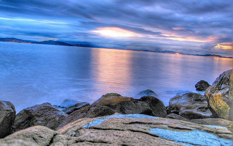 sunset, ocean, landscapes, rocks, seaside, beaches - desktop wallpaper