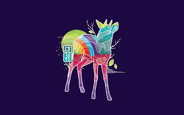animals, leaves, deer, artwork, purple background - desktop wallpaper