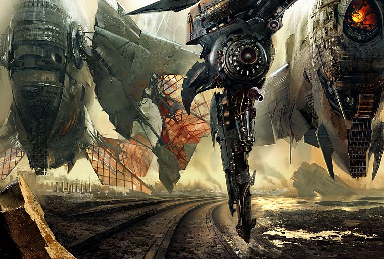 spaceships, concept art, artwork, machinery, zeppelin, Daniel Dociu - desktop wallpaper