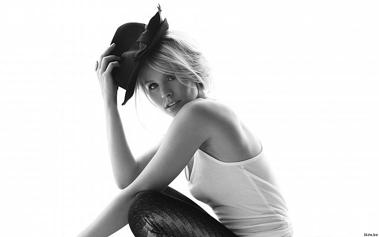 women, Kristen Bell, actress, monochrome, hats, greyscale - desktop wallpaper