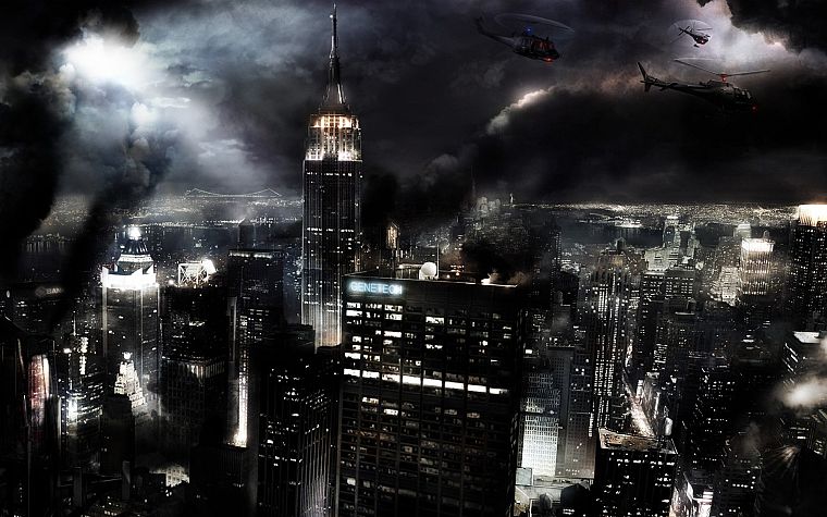 cityscapes, helicopters, fire, smoke, Chaos, urban, New York City, vehicles - desktop wallpaper