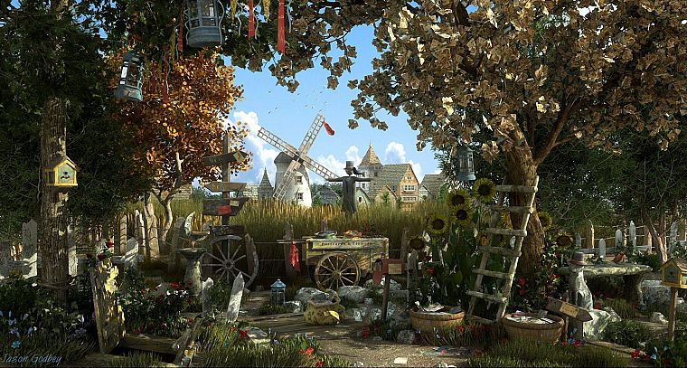 trees, garden, windmills - desktop wallpaper