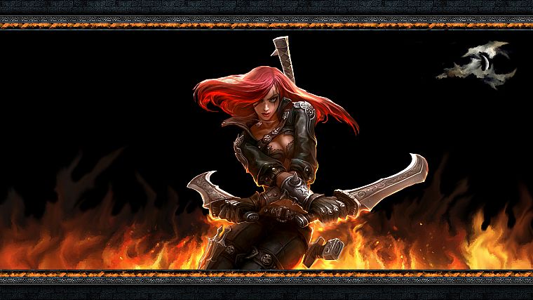 women, fire, redheads, League of Legends, artwork, Katarina the Sinister Blade, blades, black background - desktop wallpaper