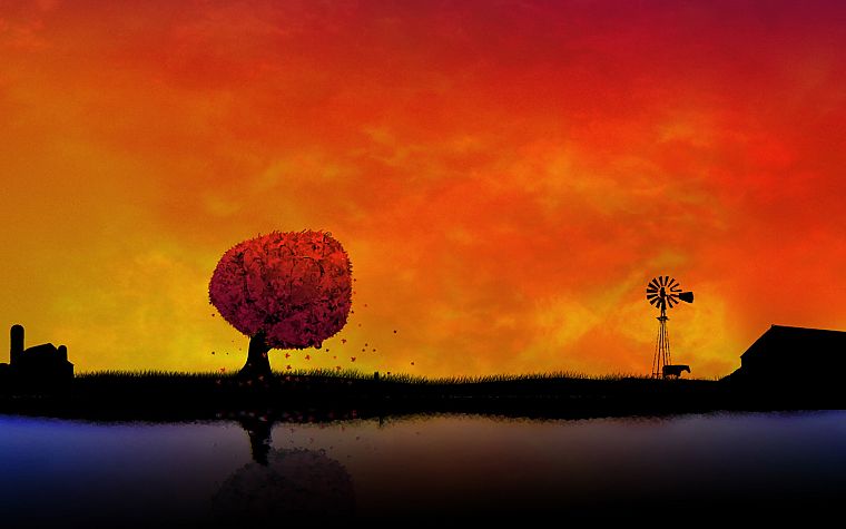 sunset, trees, dark, farms - desktop wallpaper