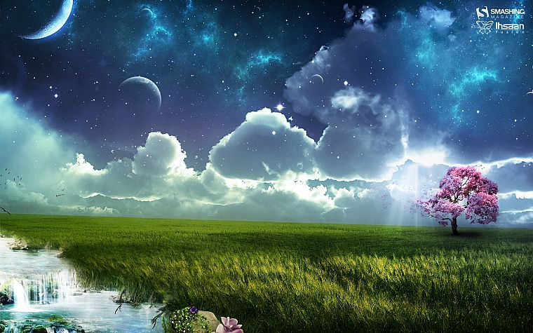 fantasy, clouds, trees, Moon, grass, skyscapes - desktop wallpaper