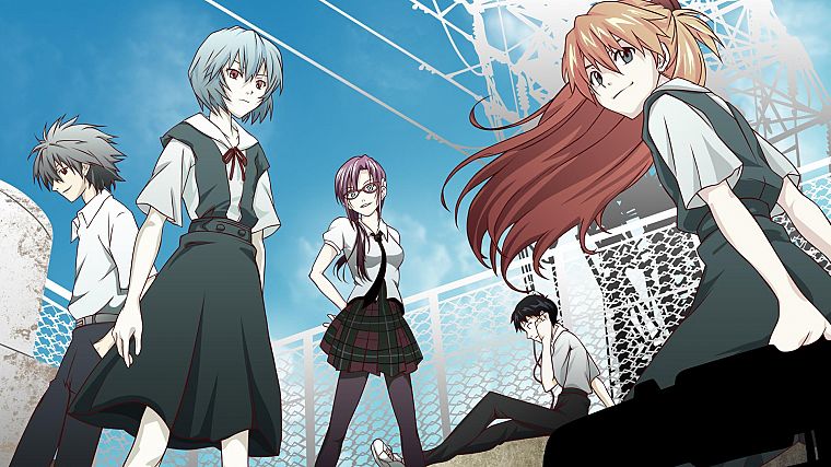 school uniforms, tie, skirts, glasses, Ayanami Rei, Neon Genesis Evangelion, Ikari Shinji, Asuka Langley Soryu, anime girls - desktop wallpaper