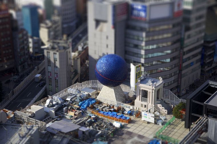 Japan, blue, cityscapes, balls, buildings, Osaka, tilt-shift - desktop wallpaper