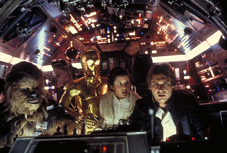 Star Wars, movies, C3PO, falcon, cockpit, Carrie Fisher, Han Solo, Chewbacca, spaceships, Millennium Falcon, Leia Organa, Harrison Ford, vehicles - desktop wallpaper