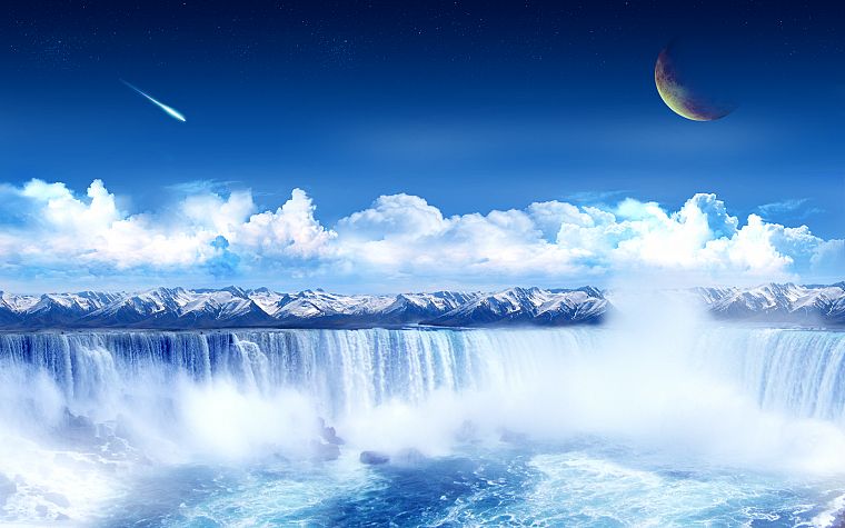 water, clouds, planets, science fiction, meteorite, waterfalls - desktop wallpaper