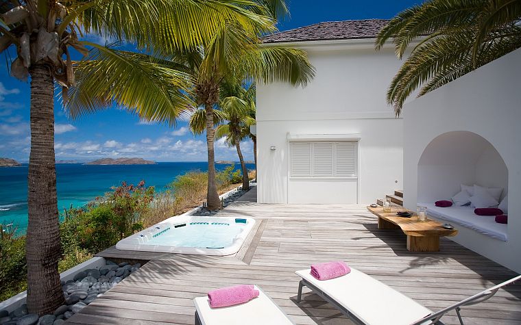 paradise, palm trees, swimming pools - desktop wallpaper