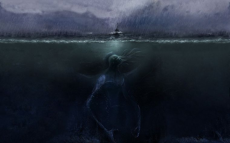 water, ocean, dark, monsters, rain, Cthulhu, ships, HP Lovecraft, digital art, Call Of Cthulu, underwater, split-view, sea, deep - desktop wallpaper