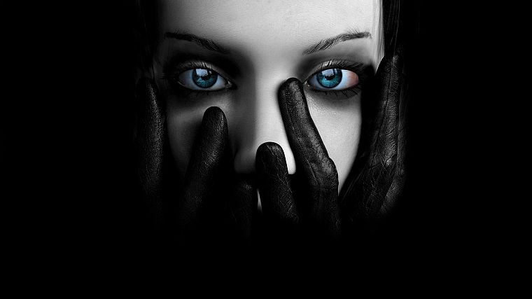 women, black, blue eyes - desktop wallpaper
