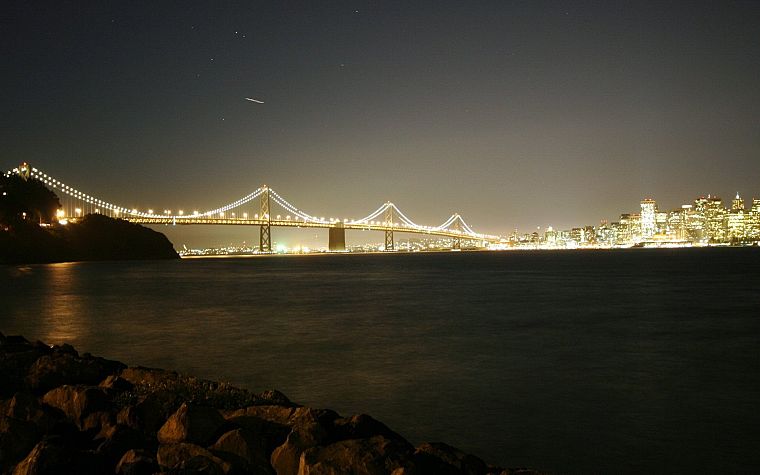 water, night, lights, bridges, San Francisco, Bay Bridge, Yerba Buena Island - desktop wallpaper